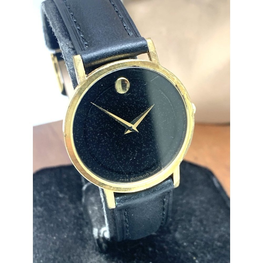 Movado Watch 87-45-882 Vintage Swiss Quartz Gold Black Dial Leather Band 30mm